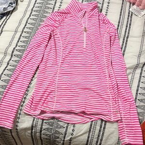 Lilly Pulitzer Pink and White Striped Quarter-Zip Pullover